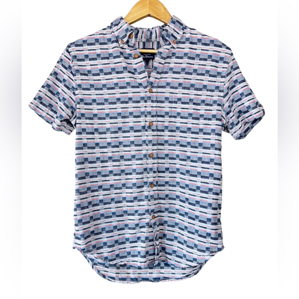 BEN SHERMAN Checked Twill Linen Blend Button Down Shirt Sz S